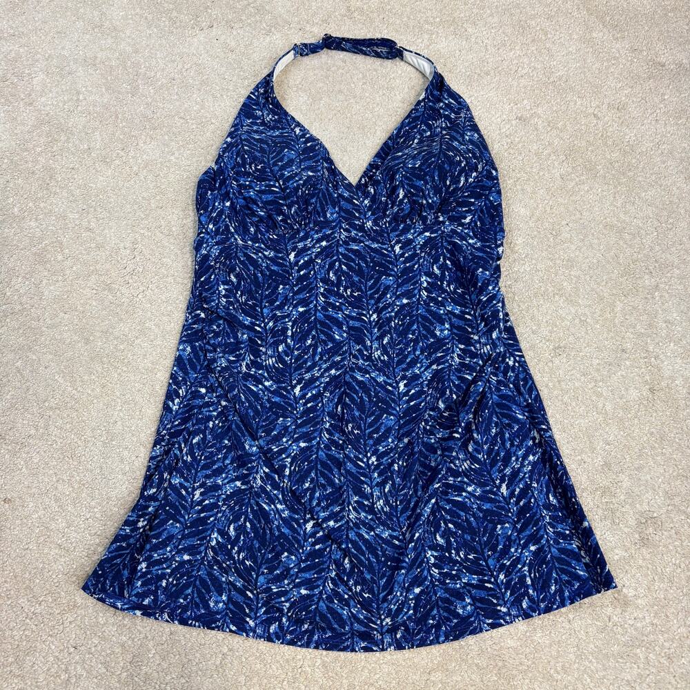 L.L. Bean Women's Swimwear Shaping Clasp Halter Swimdress Blue Leaves Size M
